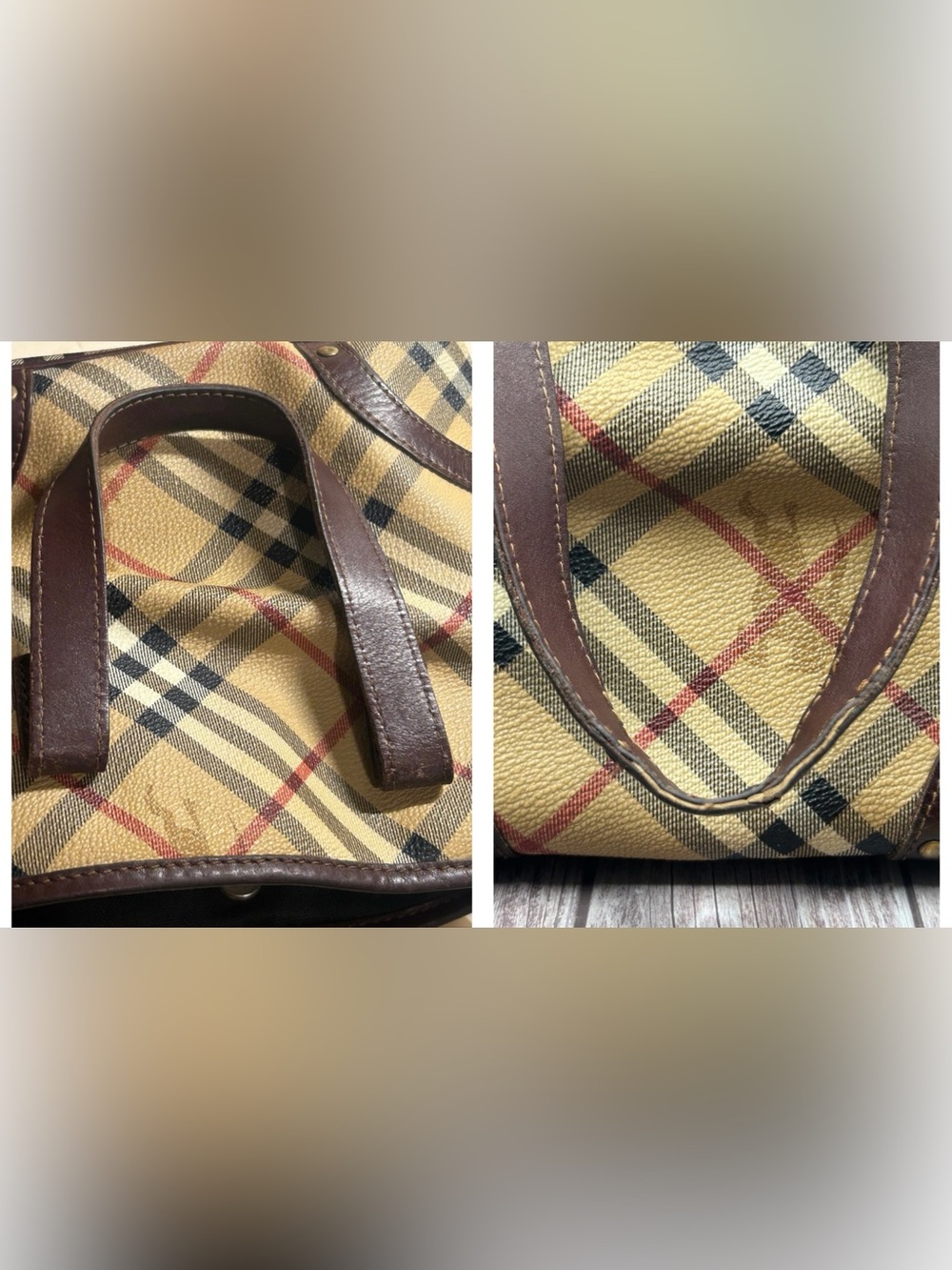 BURBERRY VTG Y2K Haymarket Coach Mini Tote Handbag Top Handle Leather Brown Tan - Picture 15 of 16